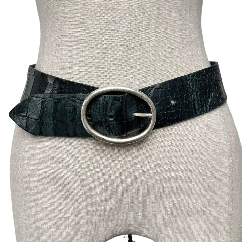 Orciani Croc Embossed Black Leather Belt Silver Buckle Made in Italy 75 US XS/2